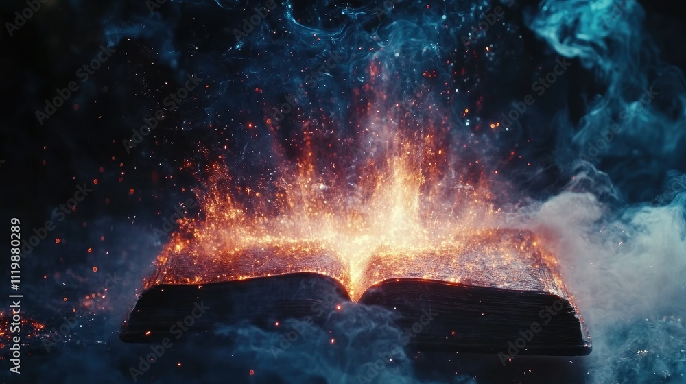 Poster enchanted book opening with mystical flames and smoke in a dark atmosphere creating an intriguing fa