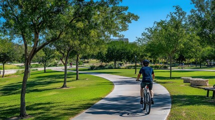 Cyclist rides paved path in sunny park.