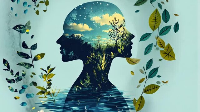 Double exposure silhouette with nature and water elements, reflecting inner harmony and balance in water wellness concept