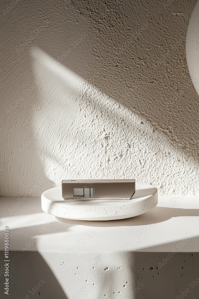 Poster clean flat lay of futuristic flash drive displayed on smooth white ceramic surface under diffused li