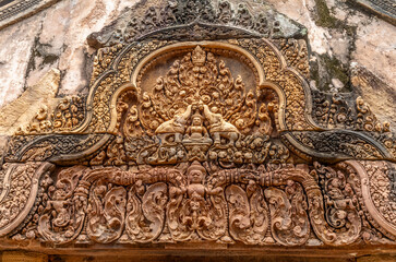 Details, sculptures and structures of the Banteay Sri temple in Cambodia