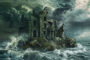 Fototapeta premium Ruined Mansion on a Stormy Island in the Sea