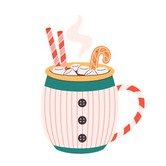 Winter Christmas hot drink decorated with candy sticks, gingerbread, marshmallows. Cute Christmas mug. Vector illustration in flat style
