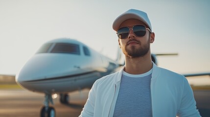 Stylish young man in sunglasses near a private jet at sunset