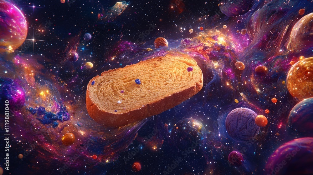 Poster A Surreal Slice of Bread Floating in a Colorful Galaxy Surrounded by Vibrant Planets and Cosmic Nebulas, Blending Everyday Objects with the Wonders of the Universe