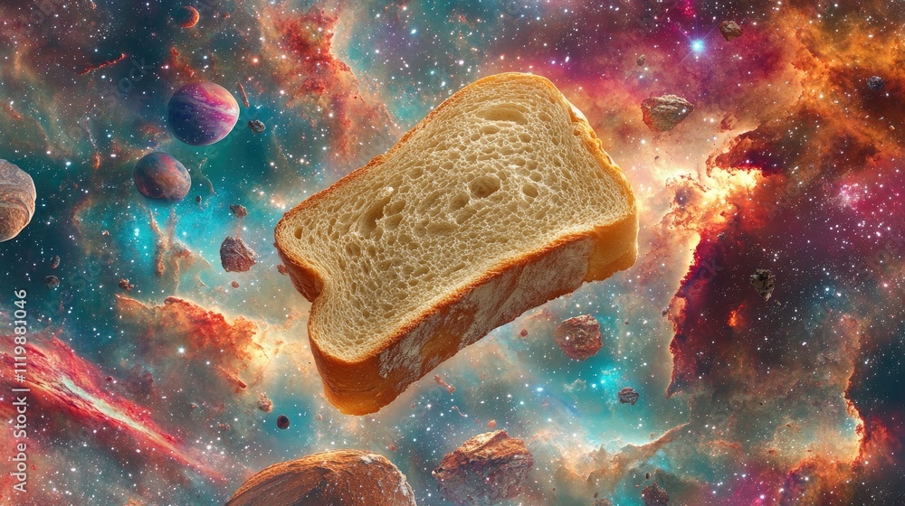 Poster a slice of bread floating in a colorful cosmic background filled with planets, stars, and nebulas, r