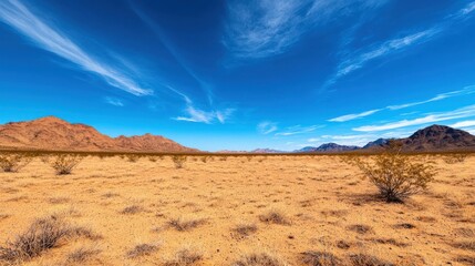 A vast desert landscape featuring sand, sparse vegetation, and clear blue skies with wispy clouds.
