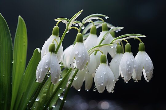 white snowdrops with dew drops on a dark background