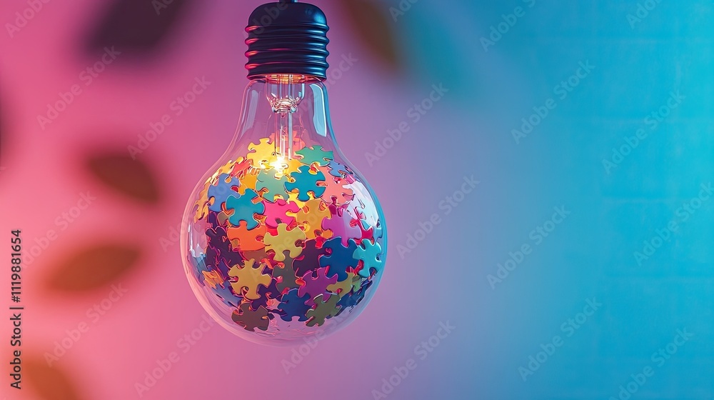 Poster colorful puzzle pieces inside light bulb symbolizing creativity, ideas, innovation, and problem solv