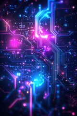 Obraz premium Futuristic Neon Circuit Board with Glowing Lights and Digital Patterns in a High-Tech Abstract Background
