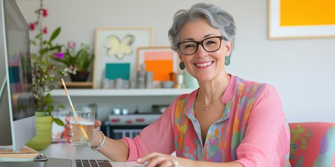 A woman in a pink shirt is sitting at a desk with a glass of water in front of her. She is smiling and she is enjoying her time