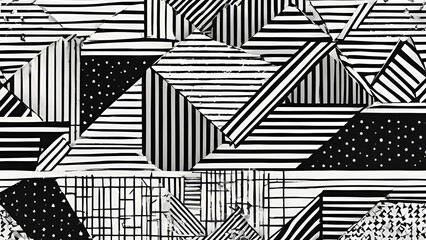 A continuous black and white geometric design featuring a hipster Memphis aesthetic