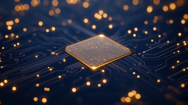 Close-up view of a gold processor on a blue circuit showcasing intricate details and design