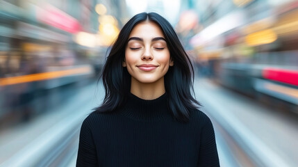 young woman finding peace and breathing space in busy city rush hour