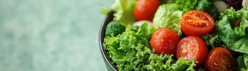 A vibrant bowl of fresh salad featuring green lettuce and ripe cherry tomatoes, highlighting healthy eating and nutritious ingredients.