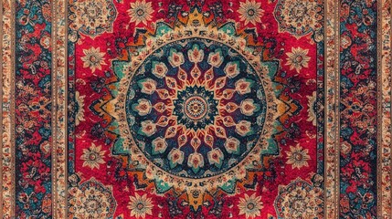 Fototapeta premium A vibrant, intricately patterned red and blue Persian carpet with a central mandala design.