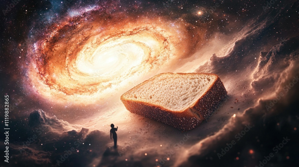 Poster Surreal Scene of Bread Floating in Cosmic Space with Galaxy Background Representing the Intersection of Everyday Life and Universe Wonders