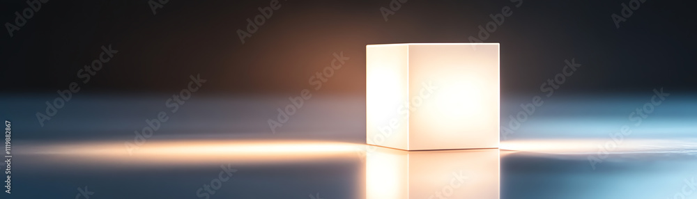 Poster a glowing cube illuminating a dark surface, creating a serene and minimalist atmosphere.