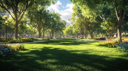 A picturesque park with lush green grass, a path lined with trees, and colorful flowers in bloom.