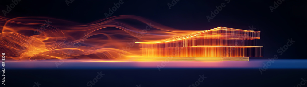 Poster abstract representation of a building with vibrant light trails for creative visuals.