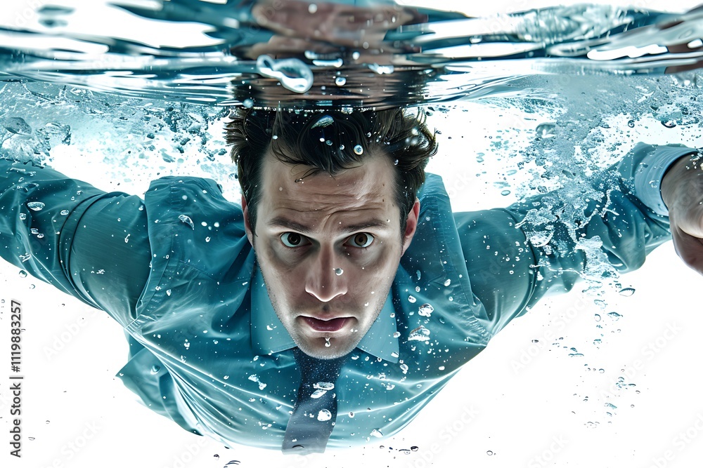 Poster a man in a blue shirt is submerged underwater, creating a dramatic and intense visual effect with sp
