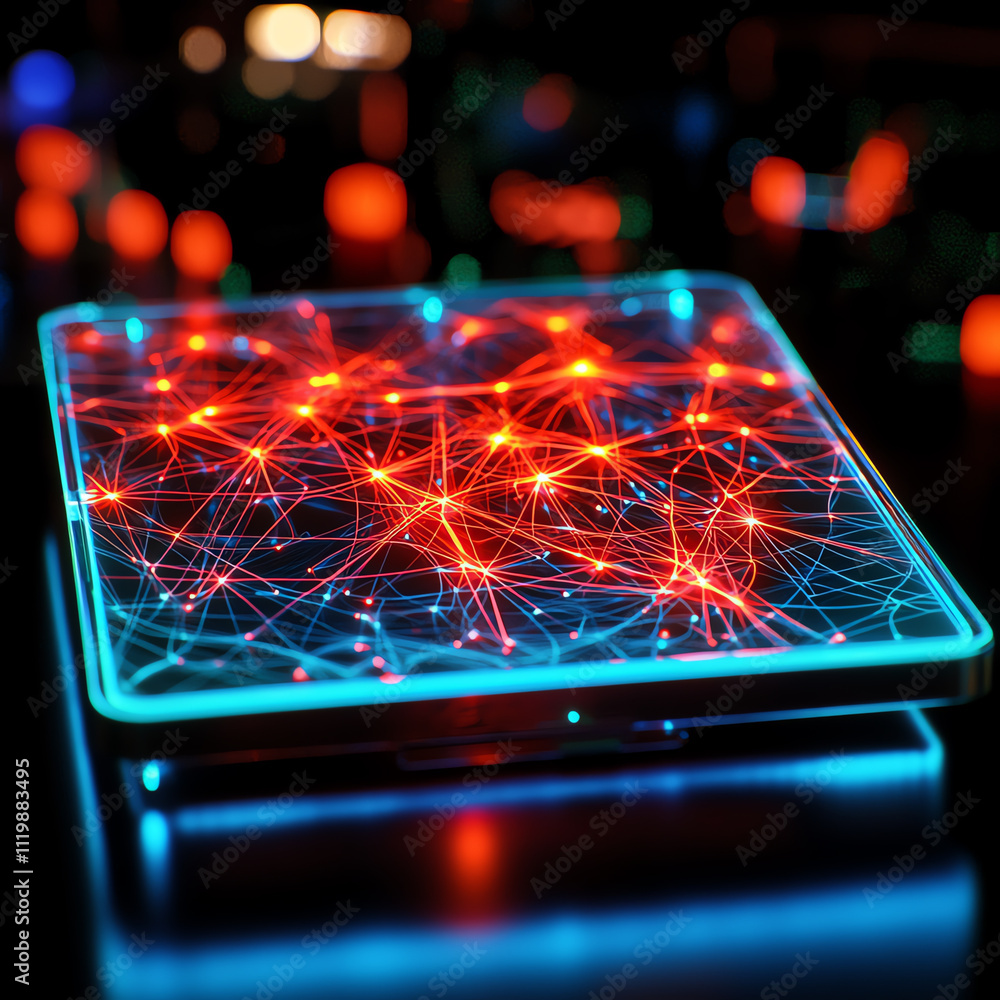 Poster futuristic digital grid with glowing connections and nodes representing data flow.
