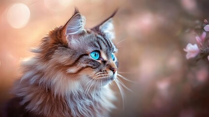 A close-up portrait of a cat with striking blue eyes, surrounded by a soft, floral backdrop.