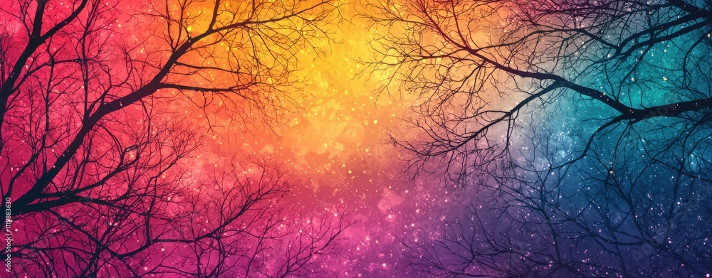 Poster a vibrant gradient of colors blends with dark tree branches, creating a mystical atmosphere that evo