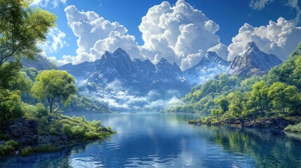 A serene lake nestled amidst a majestic mountain range, with lush greenery and a clear blue sky. The water reflects the beauty of the surrounding landscape, creating a breathtaking scene.