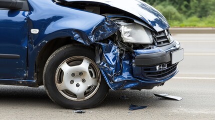 Insurance premium disaster concept. A blue car with a crumpled front end is parked on the roadside, showing visible damage from an accident.