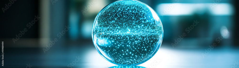 Poster a close-up of a glass sphere displaying sparkling particles in blue lighting.