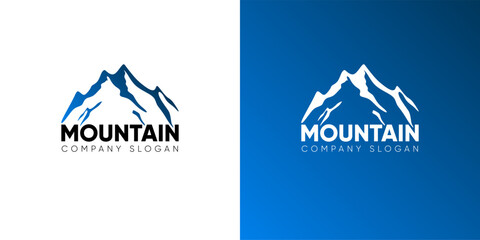 Rocky mountain peak logo design, Mountain hill business company outdoor vector illustration.