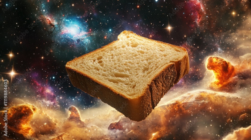 Poster a slice of bread floating amidst a colorful cosmic background with stars and nebulae illustrating th
