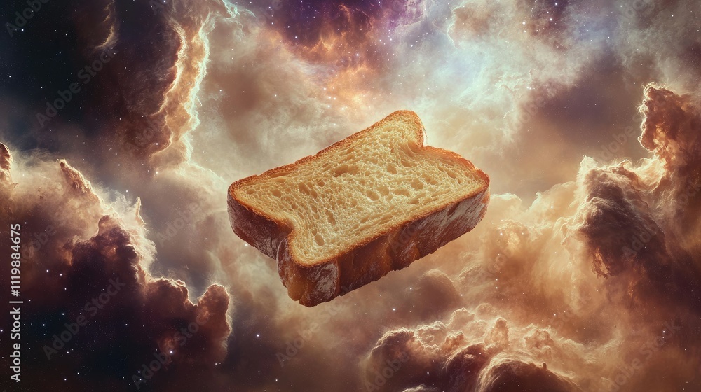 Aufkleber a floating slice of toast in a nebulous cosmic background, illustrating the intersection of ordinary