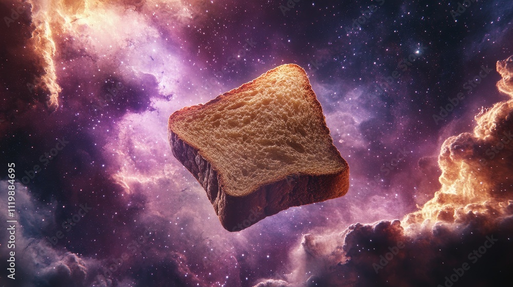 Aufkleber a slice of toast floating in cosmic space, surrounded by colorful nebulae and stars evoking a sense 
