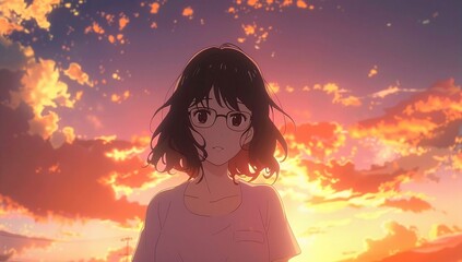 Anime girl with glasses silhouetted against a vibrant sunset. Warm, nostalgic mood.