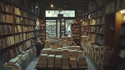 A small bookstore with shelves full of books, a pile of books in the center of the room, and a window in the back.