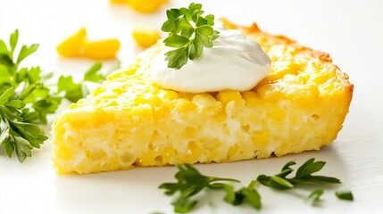 Slice of corn pudding served with a dollop of sour cream, isolated on a white background with parsley sprigs