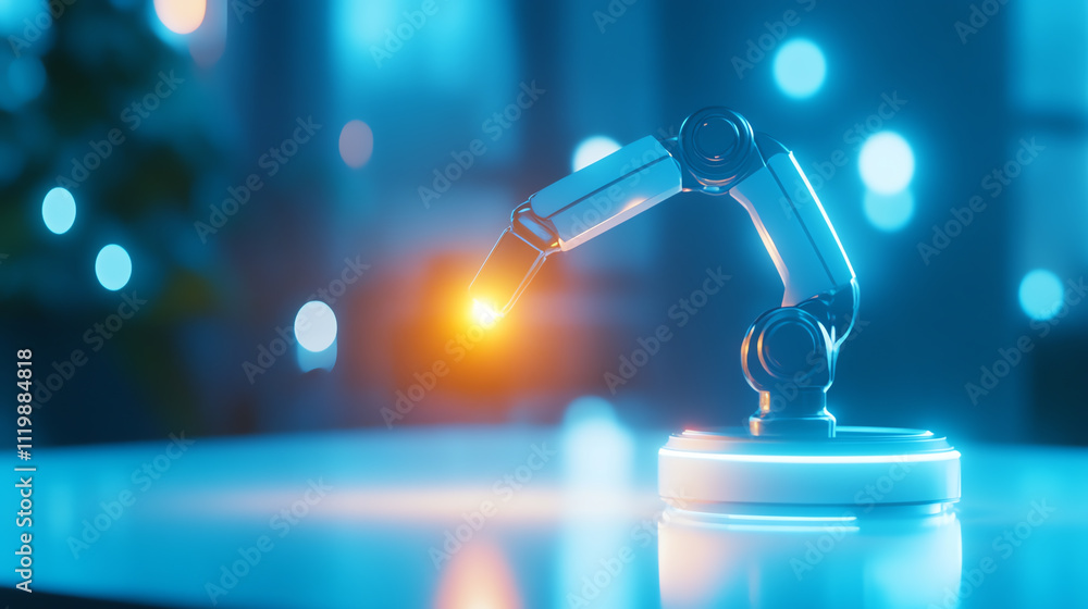 Poster close-up of a modern robotic arm in a futuristic setting with glowing lights.