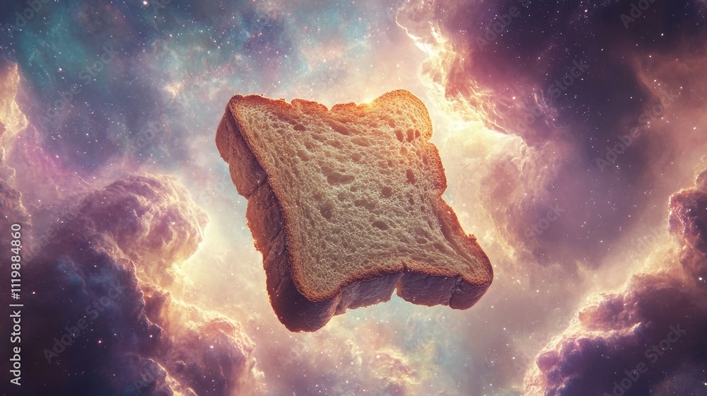 Poster floating slice of bread in cosmic space with colorful nebula background, illustrating a surreal and 