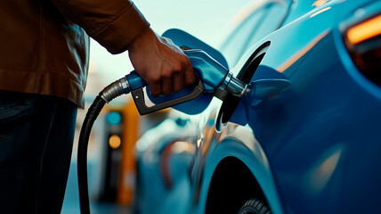 A person holds a hydrogen gas nozzle while refueling a blue car, emphasizing green transportation and energy use.