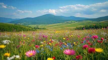 A vibrant meadow filled with wildflowers stretches out before a backdrop of rolling hills and a blue sky with fluffy clouds.