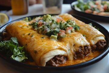 A Plate of Beef Burritos with Cheese on a White Table