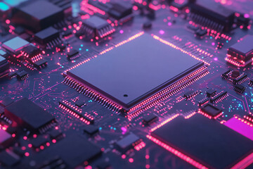 Fototapeta premium vibrant circuit board with soldered connections and glowing components showcases intricate technology. colorful lights create dynamic and modern atmosphere