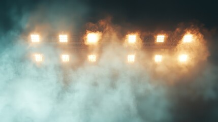 Bright stadium arena lights surrounded by smoke, creating a dramatic sports atmosphere.