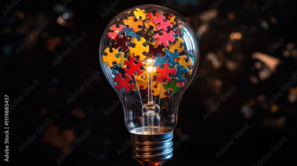Poster colorful puzzle pieces inside a light bulb representing creativity, innovation, and problem solving 