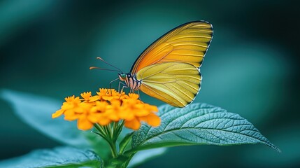 A vibrant yellow butterfly with black markings rests on a cluster of orange flowers with green leaves in the background.