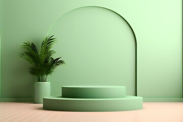 Minimalist green interior with a podium and plant, ideal for presentations or displays.