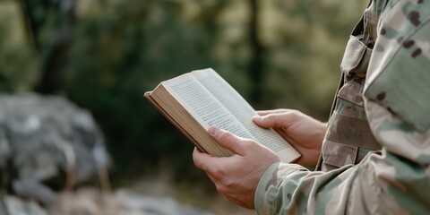 A man is reading a book in a forest. The book is open to a page with a picture of a man holding a book. The man is wearing a camouflage jacket
