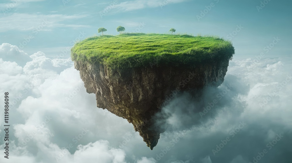 Poster aerial view of a floating island surrounded by clouds and sky with lush green grass and small trees,